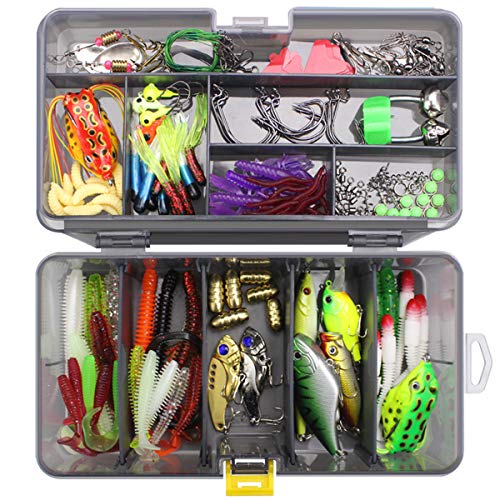 RoseFlower 168 Piezas Kits de señuelos para Pesca Cebos Artificiales de Pesca Cebo Duros/Suaves Incluye Ranas, Giratorios, Cuchara, Anzuelos - Pesca Accesorios para Pesca de Trucha, Bagre y Lucio