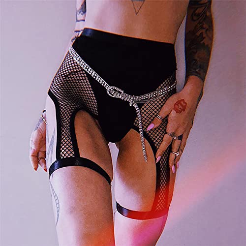 ROSVAJFY Mujer Pantalones Cortos Rejilla Deportivos Cintura Alta Sexy Shorts, Pantalones Cortos Hueco con Liguero Rave Shorts Clubwear, Hot Pants para Gym Yoga Fitness Ciclismo