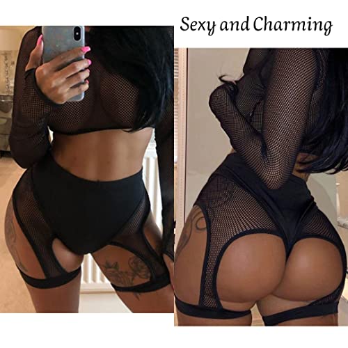 ROSVAJFY Mujer Pantalones Cortos Rejilla Deportivos Cintura Alta Sexy Shorts, Pantalones Cortos Hueco con Liguero Rave Shorts Clubwear, Hot Pants para Gym Yoga Fitness Ciclismo