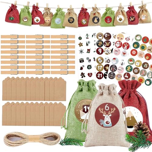 RVIKCMR Calendario adviento para rellenar,Calendario adviento 2023 con 24 bolsas,Calendario de Adviento DIY,Bolsas Calendario Adviento,Calendario de Adviento Rellenable,Calendario Adviento para Hacer