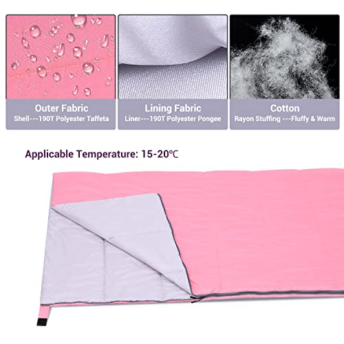 Saco de Dormir Compacto Sportneer el Verano para Clima cálido, Ligero, portátil, Saco de Dormir para Adultos, niños, para Camping, Senderismo, mochilero y al Aire Libre, 15℃~25℃, Rosa