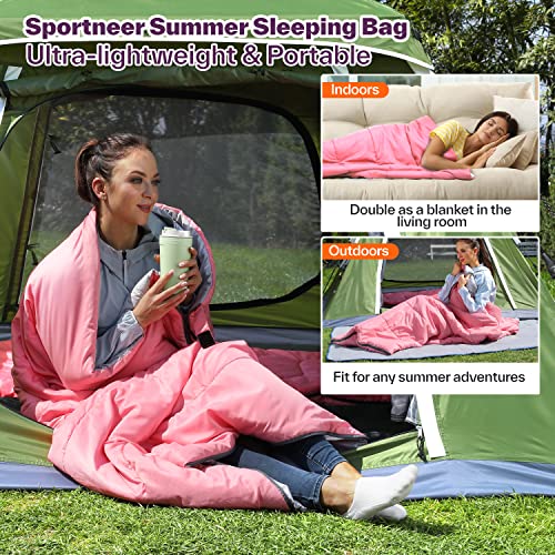 Saco de Dormir Compacto Sportneer el Verano para Clima cálido, Ligero, portátil, Saco de Dormir para Adultos, niños, para Camping, Senderismo, mochilero y al Aire Libre, 15℃~25℃, Rosa