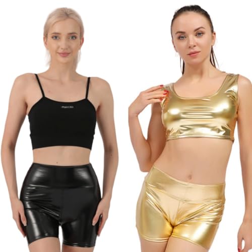 SamHeng Cortos metálicos brillantes para mujer pantalones de cuero PU pantalones cortos de cintura alta aspecto húmedo baile Rave pantalones calientes ropa de calle para fiesta y discoteca(Oro/M)