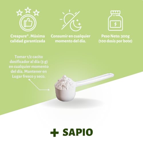 + SAPIO Creatina Monohidratada Creapure - Maximiza Rendimiento y Construye Masa Muscular con Nutrición de Calidad | 300g | Micronizada, en polvo, sin sabores artificiales