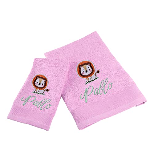 SAQUITOMAGICO Toallas Bordadas Personalizadas con tu Nombre con Divertidos Animales.Toallas Colegio.Toallas Infantiles para guarderia (Rosa)
