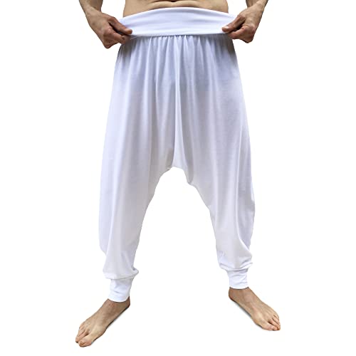 SAVARI | Pantalones Harem | Modelo Relax | Primavera y Otoño | con Bolsillos | Tiro Bajo | Cintura y Piernas Anchas | Pantalón para Casa, Yoga, Pilates y Fitness | Mujer y Hombre | Blanco | Talla M