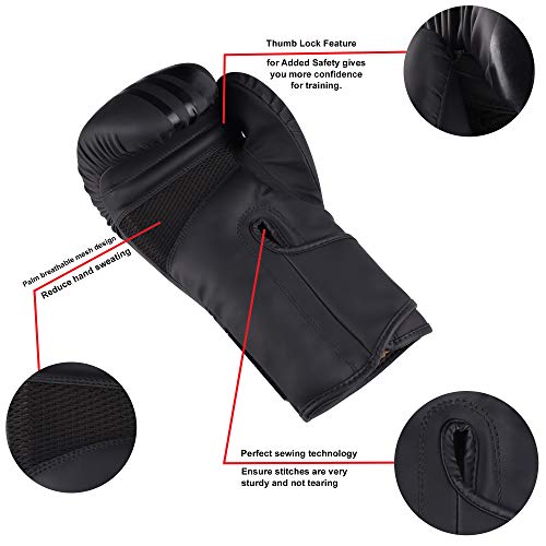 SAWANS® Guantes de Boxeo Profesionales MMA Sparring Kickboxing Saco de Boxeo Entrenamiento Muay Thai Lucha (Negro Mate, 10 oz)