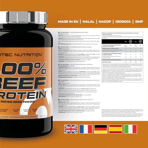 Scitec Nutrition 100% Beef Protein, Bebida proteica en polvo aromatizada, Sin lactosa, Sin azúcar, Sin gluten, 900 g, Chocolate con almendras