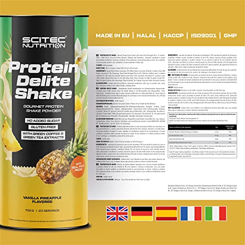 Scitec Nutrition Protein Delite Shake Producto alimenticio en polvo con trozos piña liofilizados, proteína, L-carnitina, extracto de café verde, 700 g, Vainilla-Piña