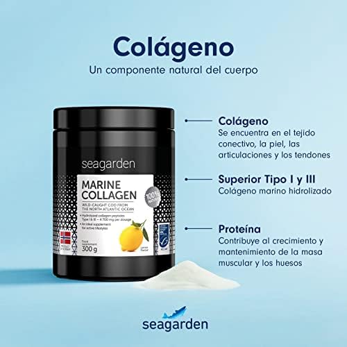 Seagarden Colágeno Hidrolizado Puro (Tipos I y III)|Colágeno Marino de Bacalao Ártico Salvaje | Suplemento Para Piel, Cabello, Uñas, Músculos |Proteína en Polvo |Pre Workout |100% Natural 300g-60 días
