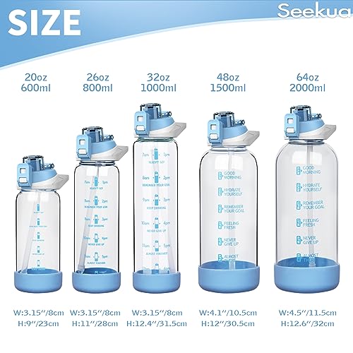 Seekua 2 litros grande Botella Agua Cristal 2l Botella Gimnasio Vidrio Deportiva con Pajita y Marca de Tiempo sin bpa