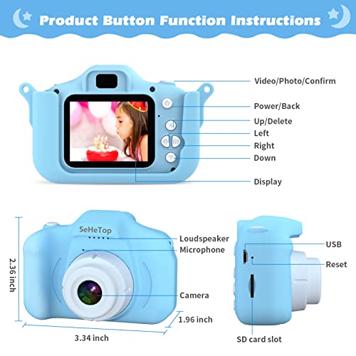 SeHeTop Camara Fotos Infantil, 1080P HD Video cámara Fotos niños,Juguetes niños 3 4 5 6 7 8 9 10 años,Juguetes con cámara para niños y niñas, Regalos de cumpleaños, scon Tarjeta SD de 32 GB (Azul)