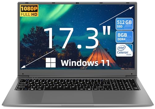 SGIN 17 Pulgadas Ordenador Portátil 8GB RAM 512GB SSD PC Portátil, Procesador Celeron Dual-Core Up to 2.8Ghz, FHD 2.4/5.0G WiFi, Bluetooth 4.2, Admite Memoria Extensible 512GB TF