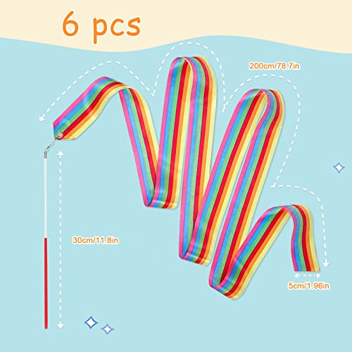 Shinybox Cinta de Baile, 6 Piezas Color Cintas de Baile 2 Metros Cinta de Gimnasia Rítmica, Cintas de Baile con Palo, Cintas para Gimnasia Niños Entrenamiento Regalos de Fiesta de Cumpleaños