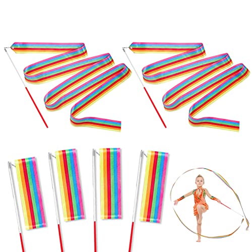 Shinybox Cinta de Baile, 6 Piezas Color Cintas de Baile 2 Metros Cinta de Gimnasia Rítmica, Cintas de Baile con Palo, Cintas para Gimnasia Niños Entrenamiento Regalos de Fiesta de Cumpleaños