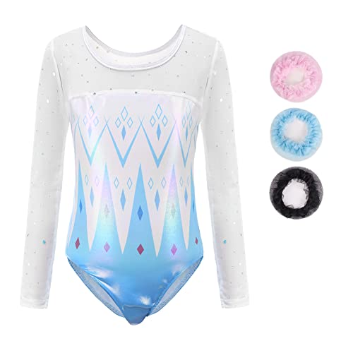 Sinoeem Leotardos de Gimnasia Rítmica para Niños Maillot de Ballet con Gradiente Flash Cuello Redondo Manga Larga/Manga Corta para Niñas de 3-12 Años (Tag 10A(9-10 Years), Blue-Long)