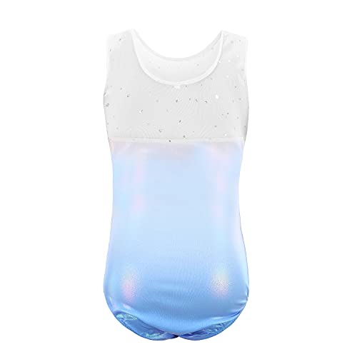 Sinoeem Leotardos de Gimnasia Rítmica para Niños Maillot de Ballet con Gradiente Flash Cuello Redondo Manga Larga/Manga Corta para Niñas de 3-12 Años (Azul - manga corta, Tag 8A(7-8 Years))