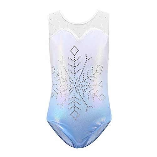 Sinoeem Leotardos de Gimnasia Rítmica para Niños Maillot de Ballet con Gradiente Flash Cuello Redondo Manga Larga/Manga Corta para Niñas de 3-12 Años (Azul - manga corta, Tag 8A(7-8 Years))
