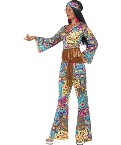Smiffys , disfraz de hippie Flower Power para mujer, top, pantalones, diadema y cinturón, talla S (36 - 38), 39493