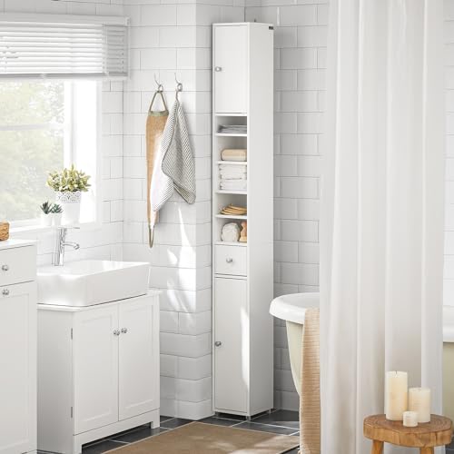 SoBuy BZR34-W Mueble Columna de baño, Armario para baño Alto,estanterías de baño-2 Puertas y 1 cajón H 180 cm ES