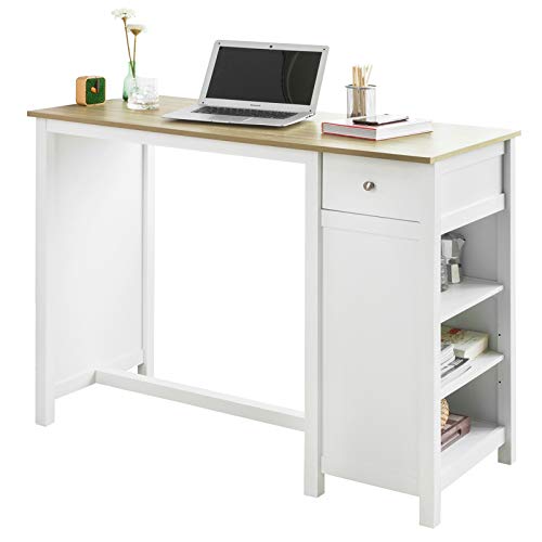 SoBuy FWT64-WN Mesa Barra Bar Mesa Alta de Comedor con 1 Cajón y 3 Estantes Blanco Altura 90cm ES