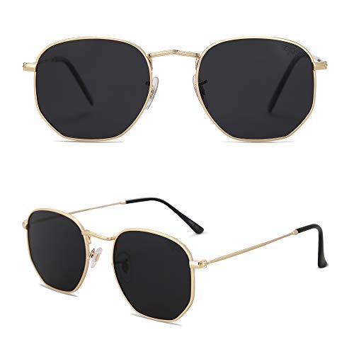 SOJOS Gafas de Sol Polarizado Hombre Mujer Unisex Clásico Polígono Espejo Lentes UV Portección SJ1072 C6 Dorado/Gris