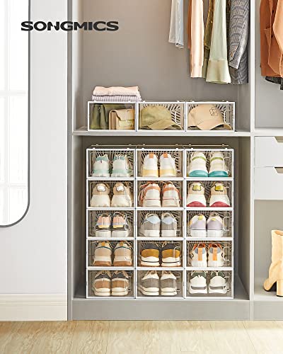 SONGMICS Cajas para Zapatos Transparentes, 18 Cajas de Zapatos, Organizadores Plegables, Talla 44, Apilables, para Exponer Zapatillas, Tacones Altos, Transparente y Blanco LSP106W18