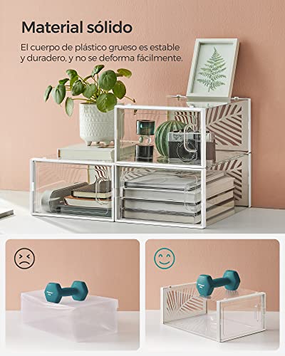 SONGMICS Cajas para Zapatos Transparentes, 18 Cajas de Zapatos, Organizadores Plegables, Talla 44, Apilables, para Exponer Zapatillas, Tacones Altos, Transparente y Blanco LSP106W18