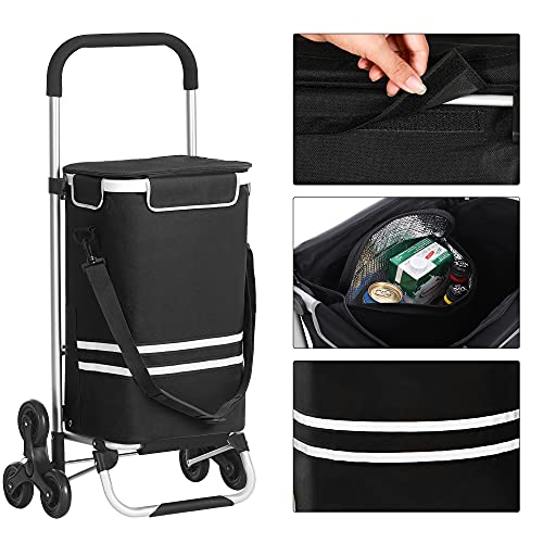 SONGMICS Carro de Compra, Carrito de Compra, Plegable con Ruedas Sube escaleras, Bolsa refrigerante, 35L de Gran Capacidad, Bolsa Desmontable, Negro KST007B01