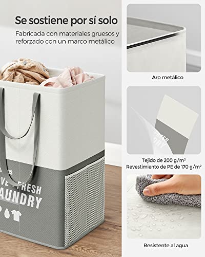 SONGMICS Cesto Grande para Ropa Sucia, 90 L, Bolsa de la Ropa con 2 Compartimentos, Se Pone de Pie, Plegable, Doble Asa, para Lavandería, Dormitorio, Baño, Gris Oscuro LCB209G21