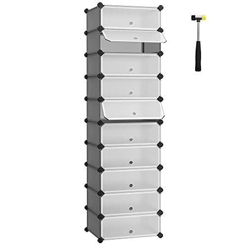 SONGMICS Muebles para Zapatos con 10 Compartimentos, Estante Modular de plástico, Caja de Almacenamiento para Zapatos, con Puerta y mazo, Gris, LPC010G01