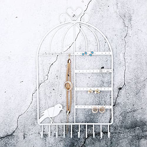Soporte De Joyería para Colgar Pendientes, Jaula De Pájaros, Soporte De Pared para Organizador De Joyas, Colgador De Metal, Soporte para Collar Y Pendientes para Exhibición(White)