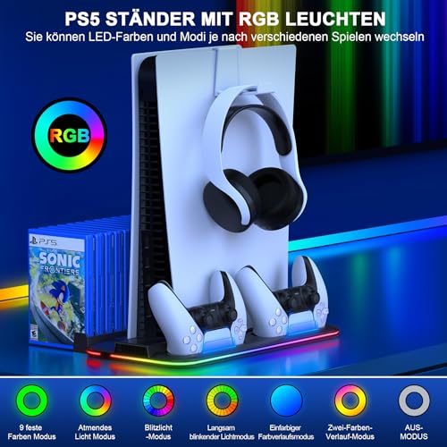 Soporte para PS5 Slim Console, PS5 Stand con 3 niveles de potente ventilador de enfriamiento rápido/estación de carga para controlador PS5/almacenamiento de 15 juegos, soporte PS5 para PS5 Slim Disc &