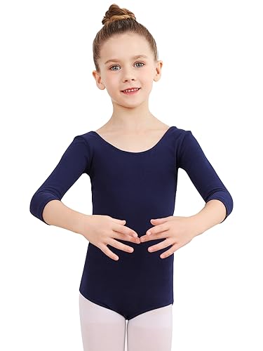Soudittur Maillot de Danza Niña Mujeres Leotardos Ballet de Algodón Maillots de Gimnasia Ritmica Manga 3/4 (Azul, 170)