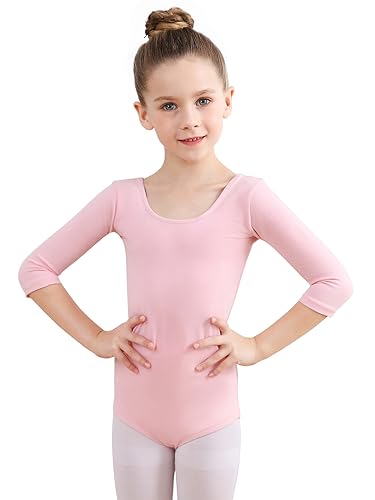 Soudittur Maillot de Danza Niña Mujeres Leotardos Ballet de Algodón Maillots de Gimnasia Ritmica Manga 3/4 (Rosa, 110)