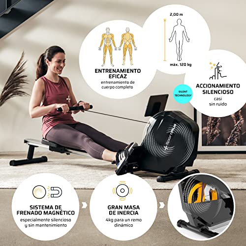 SportPlus | Newest Edition | Equipo de Remo para Casa con Soporte para el Móvil, Plegable y con Ruedas de Transporte, 8 Niveles de Resistencia, Ordenador de Entrenamiento Pequeño, hasta 120 kg