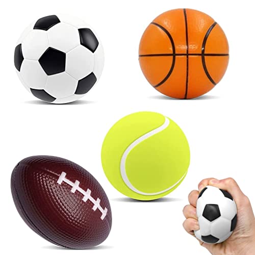 Steemjoey Juego de 4 Pelotas Antiestres Stress Ball Fidget Toys, Juguete Antiestrés para Niños y Adultos, Incluye Baloncesto, Fútbol, Futbol, Pelota de Tenis, Pelotas Comprimibles, Ideal para Fiestas