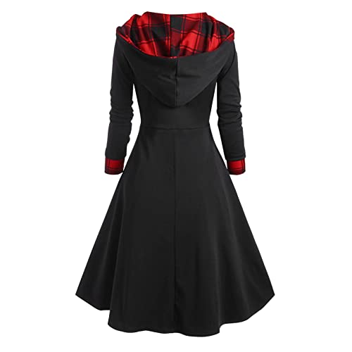 Sudadera con Capucha de Bloque de Color a Cuadros de Manga Larga para Mujer Vestido Holgado de Columpio Informal Vestidos (Red, S)