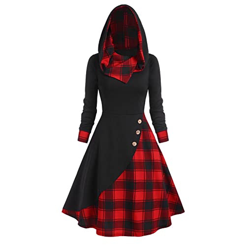 Sudadera con Capucha de Bloque de Color a Cuadros de Manga Larga para Mujer Vestido Holgado de Columpio Informal Vestidos (Red, S)