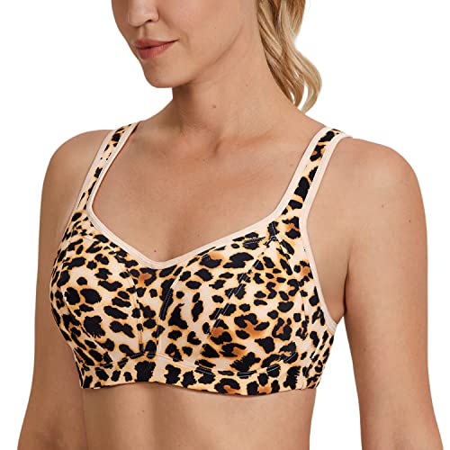 SYROKAN Mujer Sujetador Deportivo Ujetador Sujeción Alta Talla Grande Grano de Leopardo Naranja Dorado 90G