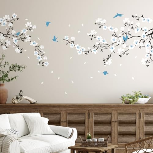 Tanlaby Azul Blanco Flor Pegatinas de Pared Grande Flor de cerezo Adhesivos Vinilos Rama Árbol Decorativos Pared para Dormitorio Salón TV Sofá Pared sala de Estar Oficina Hogar Pegatinas