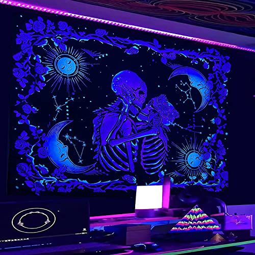 Tapiz de luz negra, tapiz PHUNAT para amantes de la calavera para colgar en la pared, tapiz para dormitorio estético, 150x130 cm (anchoxalto): 59.1 pulgadasxalto 51.2 pulgadas (amante de la calavera)