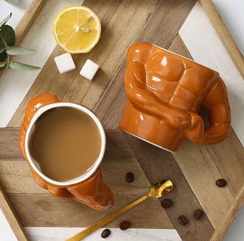 Tazas de Té 3d, Tazas Leche Desayuno Taza Cafe, Tazas Novel Tazas Hombre Musculoso Naranja, 350ml