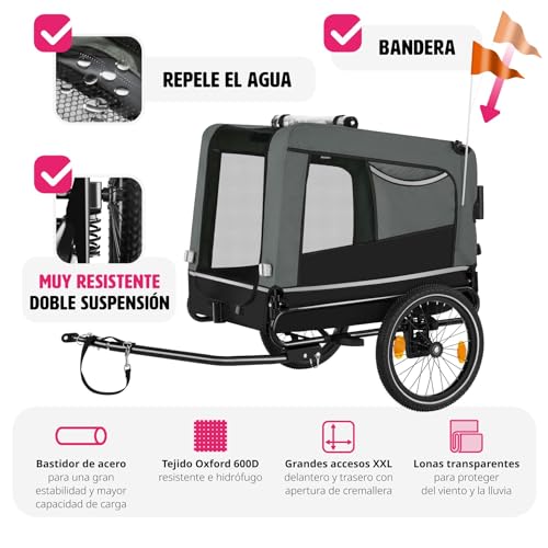 tectake® Remolque Bicicleta Perros Multifuncional, Carrito para Perros Plegable, Carro Perro con Manillar Extraíble, Reflectores, Bandera y Arnés Seguridad, Remolque Bici Perro, 240L, Carga Máx 40 kg