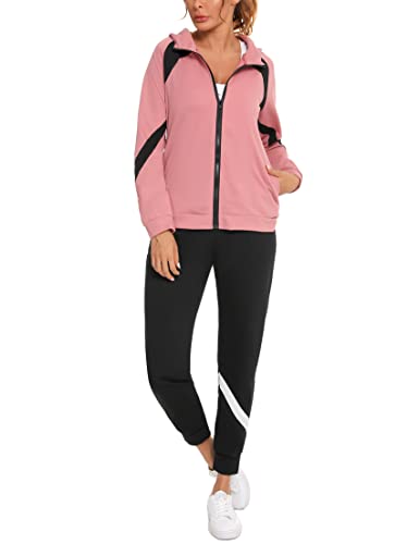 Terecey Conjunto Chándal Mujer Invierno, 2 Piezas Chándal Mujer Completo, Traje Deportivo de Manga Larga Sudadera con Cremallera y Pantalón Larga（Rosado，XXL