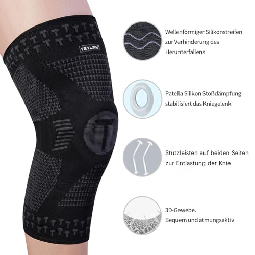 Teylam Rodillera para hombres y mujeres, vendaje comprimido para menisco, artrosis, rodillera deportiva para baloncesto, rodillera antideslizante para rodilla derecha e izquierda(negro,M)