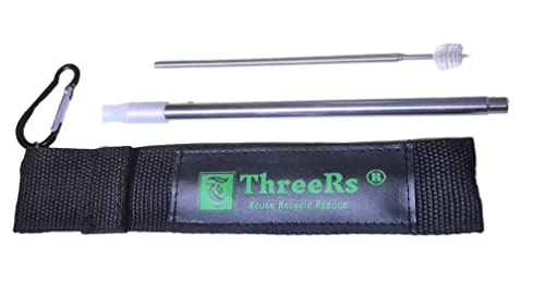 ThreeRs - Pajita portátil telescópica de acero inoxidable reutilizable de 305 mm para vasos grandes y pequeños de 30 onzas con punta de silicona | Cepillo de limpieza telescópico