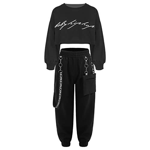 TiaoBug Conjunto de Deportiva Danza Hiphop para Niñas Sudadera de Manga Larga y Chándal Pantalones de Cargos Ropa de Baile Moderno 3-16 Años A Negro 11-12 años