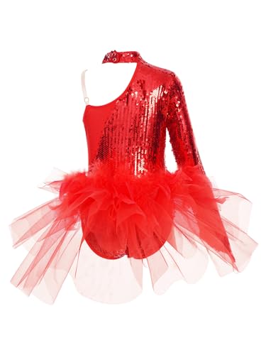 TiaoBug Leotardo Gimnasia Rítmica Body Sin Mangas Maillot con Falda Tul Maillot de Ballet Danza Lentejuelas Disfraz de Patinaje Artístico Competición Rojo A 13-14 años
