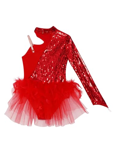 TiaoBug Leotardo Gimnasia Rítmica Body Sin Mangas Maillot con Falda Tul Maillot de Ballet Danza Lentejuelas Disfraz de Patinaje Artístico Competición Rojo A 13-14 años